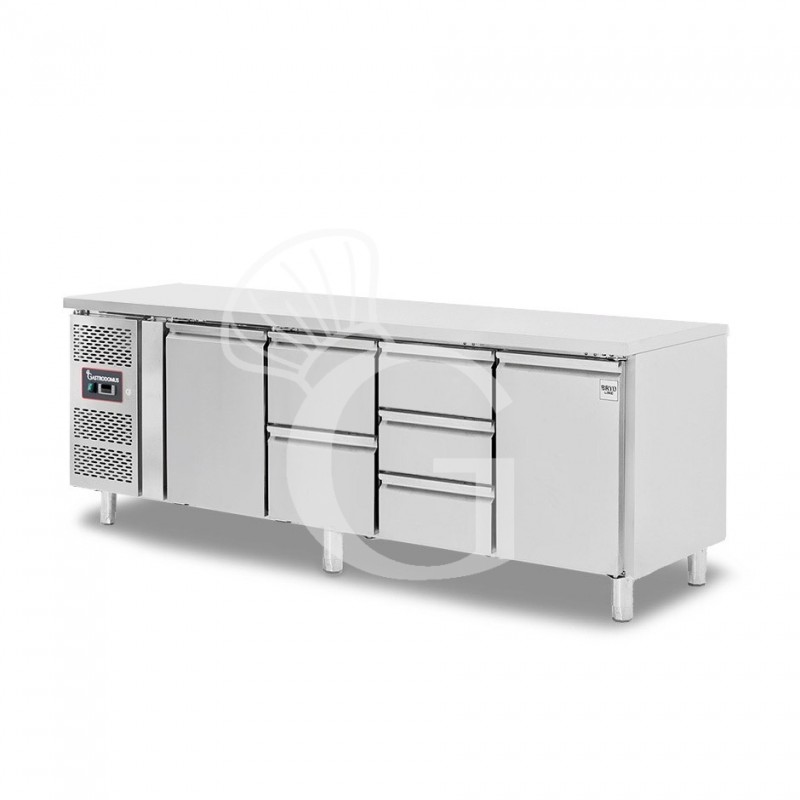 Kühltisch, 5 Schubladen, 2 Türen, T 700 mm, - 2° C/ + 8° C, Motor auf der linken Seite