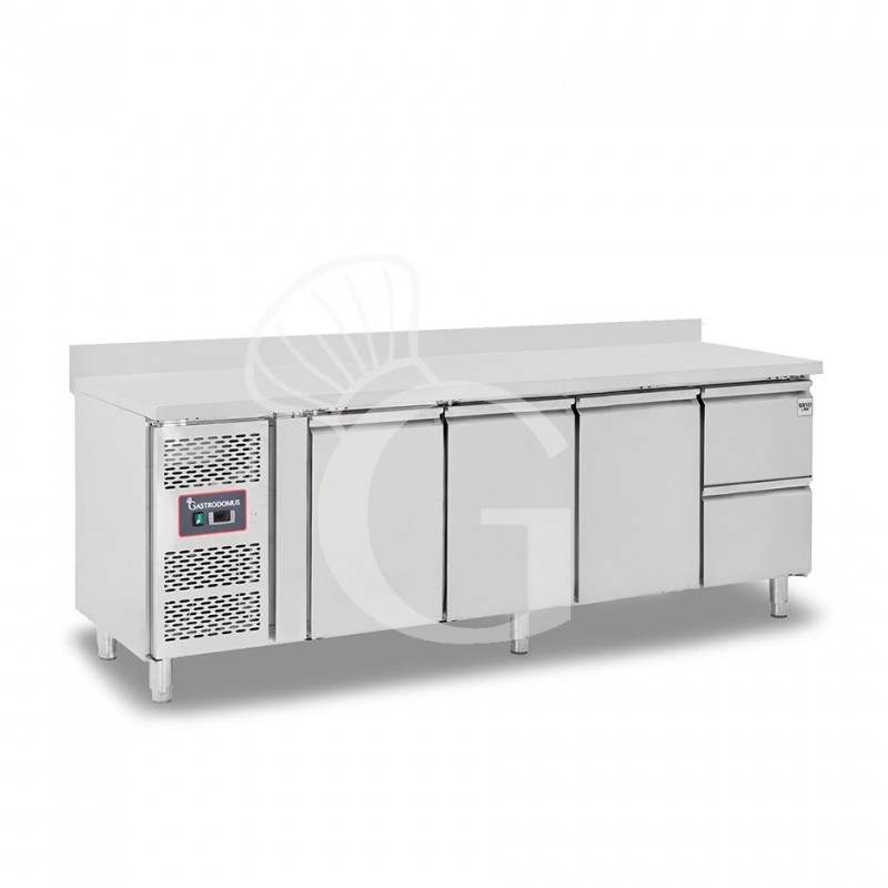 Kühltisch, 2 Schubladen, 3 Türen, T 700 mm, - 2° C/ + 8° C, Aufkantung, Motor auf der linken Seite