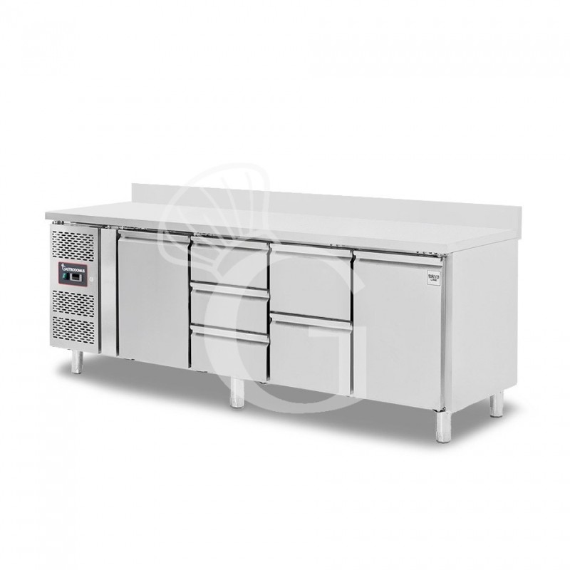 Kühltisch, 5 Schubladen, 2 Türen, T 700 mm, - 2° C/ + 8° C, Aufkantung, Motor auf der linken Seite