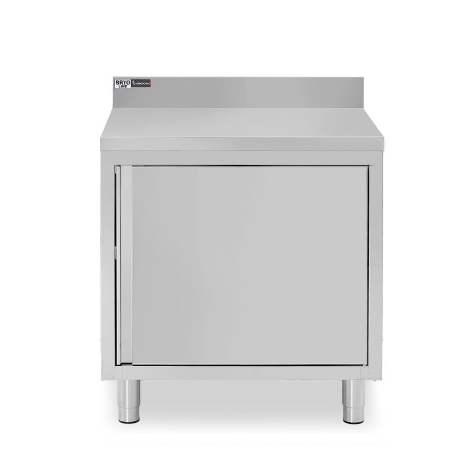 Schranktisch / Arbeitsschrank, Edelstahl, 1 Flügeltür, Aufkantung, B 600 mm x T 600 mm x H 950 mm