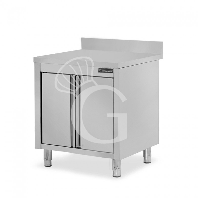 Schranktisch/Arbeitsschrank aus Edelstahl, 2 Flügeltür, Aufkantung, B 900 mm x T 600 mm x H 950 mm