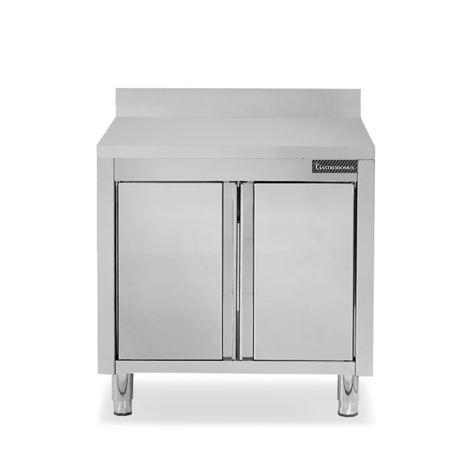 Schranktisch/Arbeitsschrank aus Edelstahl, 2 Flügeltür, Aufkantung, B 900 mm x T 600 mm x H 950 mm