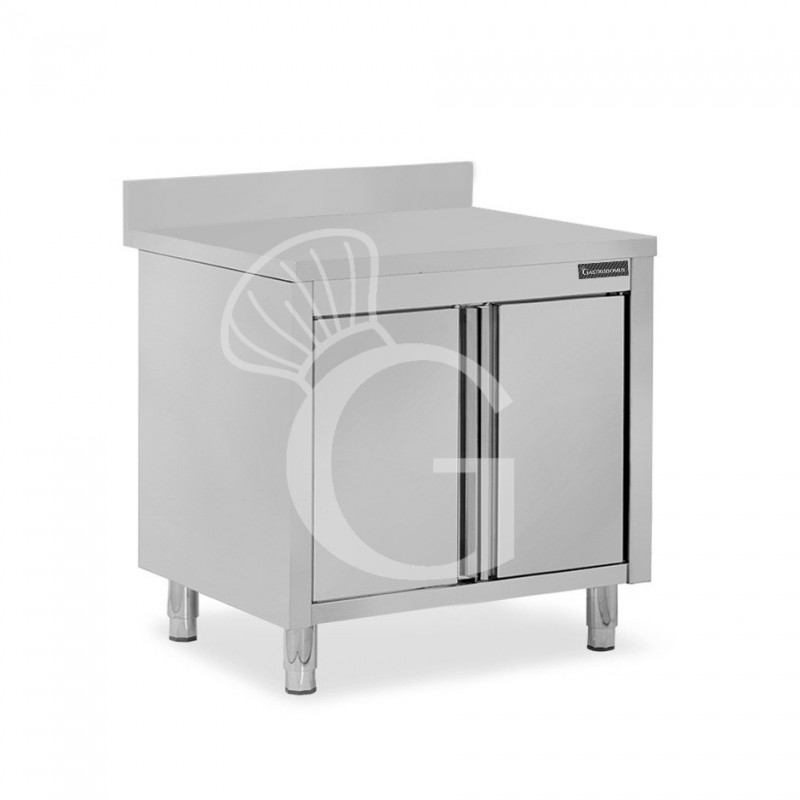 Schranktisch/Arbeitsschrank aus Edelstahl, 2 Flügeltür, Aufkantung, B 900 mm x T 600 mm x H 950 mm