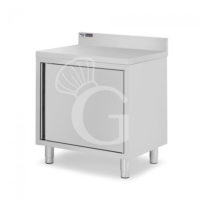 Schranktisch / Arbeitsschrank, Edelstahl, 1 Flügeltür, Aufkantung, B 800 mm x T 700 mm x H 950 mm