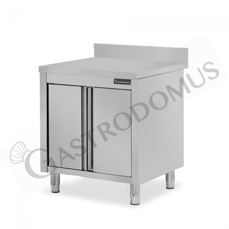 Schranktisch/Arbeitsschrank aus Edelstahl, 2 Flügeltüren, Aufkantung B 900 mm x T 700 mm x H 950 mm