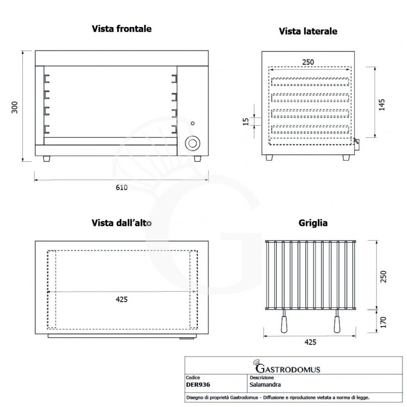 Gastro Salamander Grill, einphasig, B 610 mm x T 340 mm x H 280 mm, 2000 W