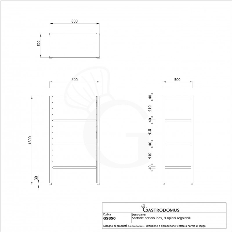 Edelstahlregal, 4 Ablageflächen, 800 mm x T 500 mm x H 1800 mm