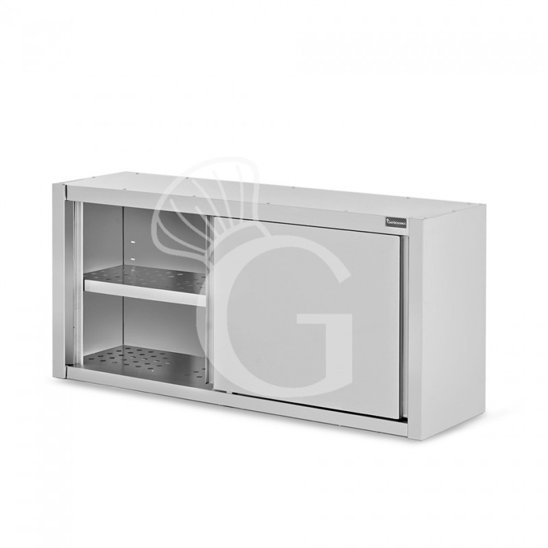 Wandhängeschrank, Edelstahl, mit Abtropffläche, Schiebetüren, 1 gelochter Zwischenboden, B 1500 mm x T 400 mm x H 800 mm