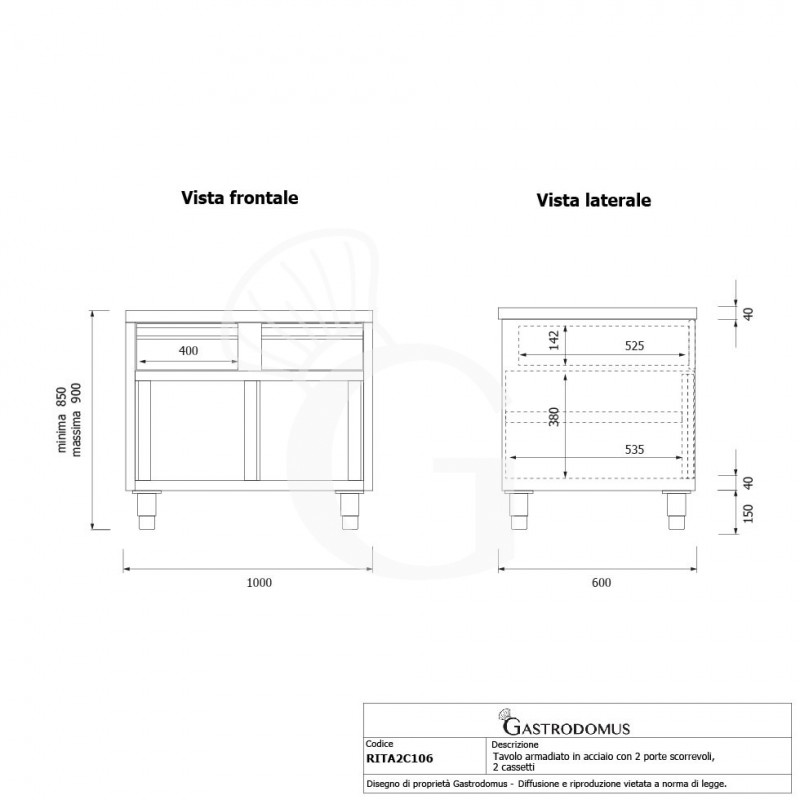 Schranktisch aus Edelstahl 2 Schiebetüren 2 Schubladen B 1000 mm x T 600 mm x H 850 mm