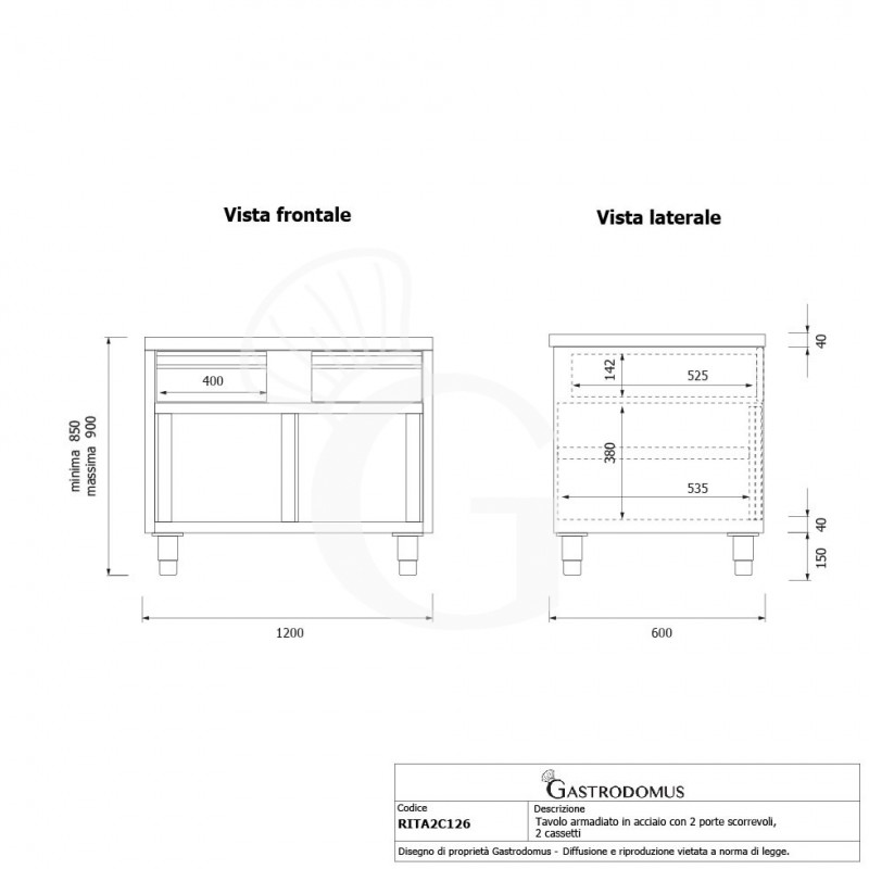 Schranktisch aus Edelstahl 2 Schiebetüren 2 Schubladen B 1200 mm x T 600 mm x H 850 mm