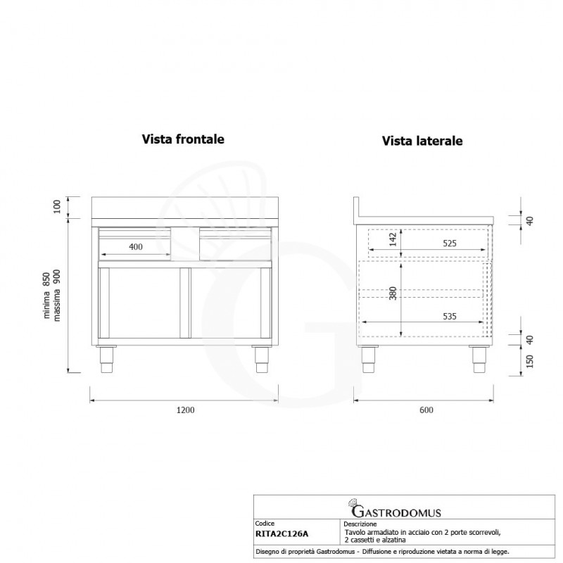 Schranktisch aus Edelstahl 2 Schiebetüren 2 Schubladen Aufsatz B 1200 mm x T 600 mm x H 950 mm