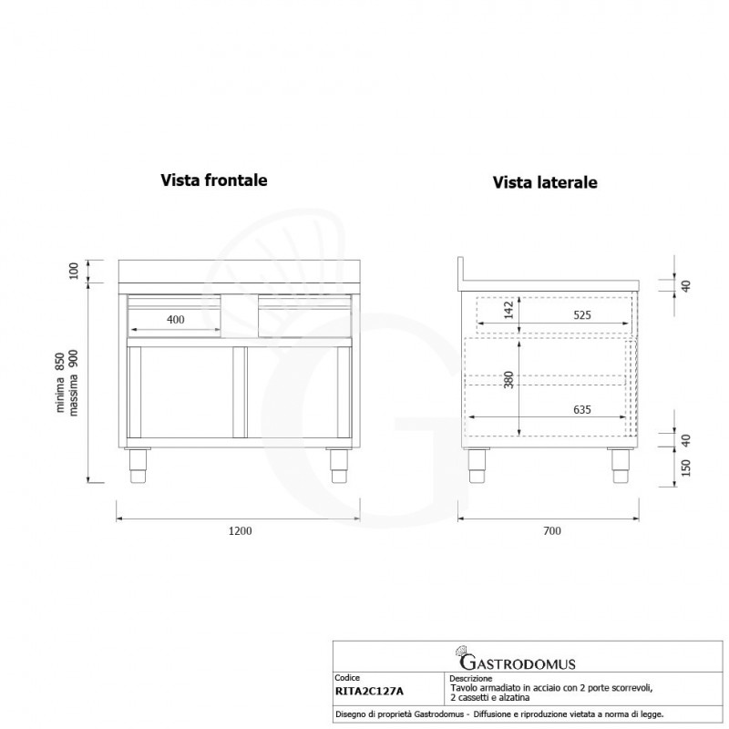Schranktisch aus Edelstahl 2 Schiebetüren 2 Schubladen Aufsatz B 1200 mm x T 700 mm x H 950 mm