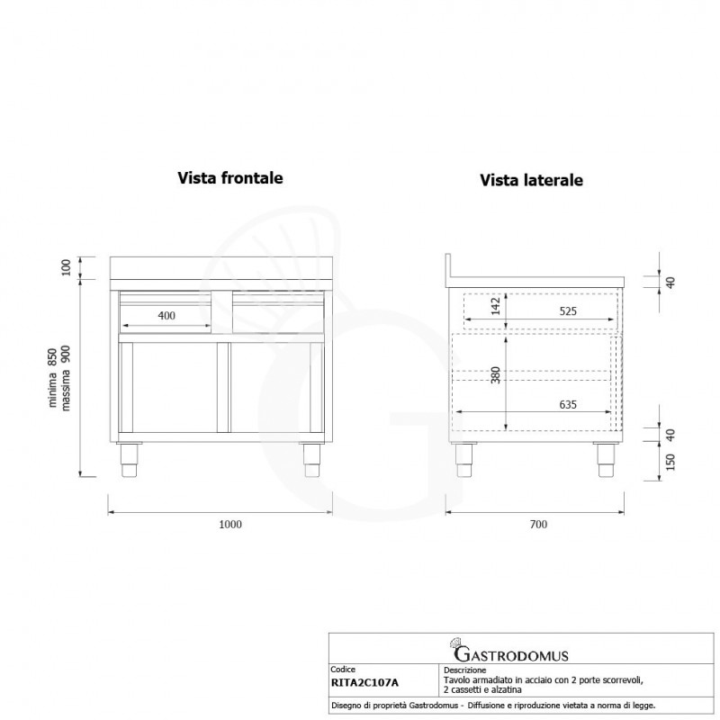 Schranktisch aus Edelstahl 2 Schiebetüren 2 Schubladen Aufsatz B 1000 mm x T 700 mm x H 950 mm