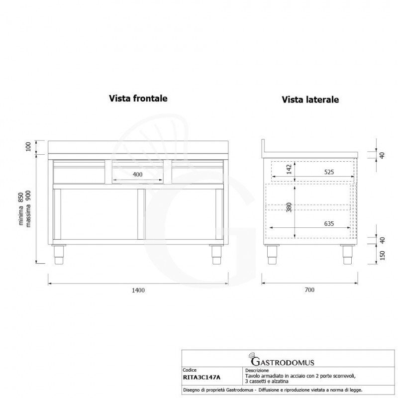 Schranktisch aus Edelstahl 2 Schiebetüren 3 Schubladen Aufsatz B 1400 mm x T 700 mm x H 950 mm