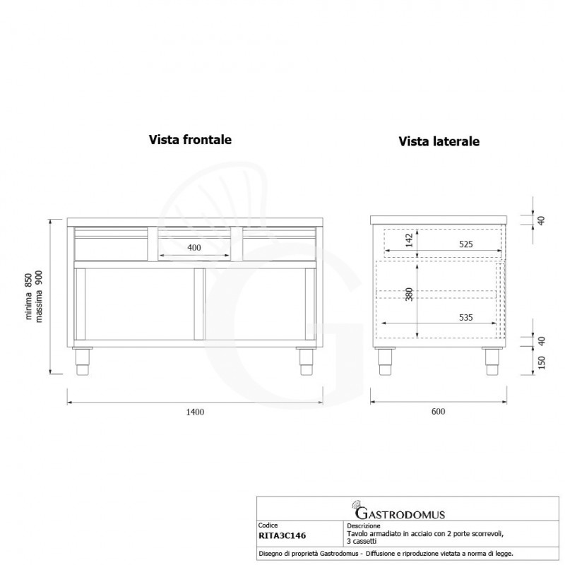 Schranktisch aus Edelstahl 2 Schiebetüren 3 Schubladen B 1400 mm x T 600 mm x H 850 mm
