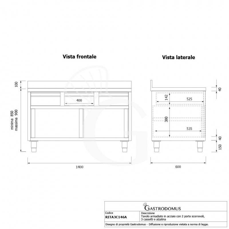 Schranktisch aus Edelstahl 2 Schiebetüren 3 Schubladen Aufsatz B 1400 mm x T 600 mm x H 950 mm