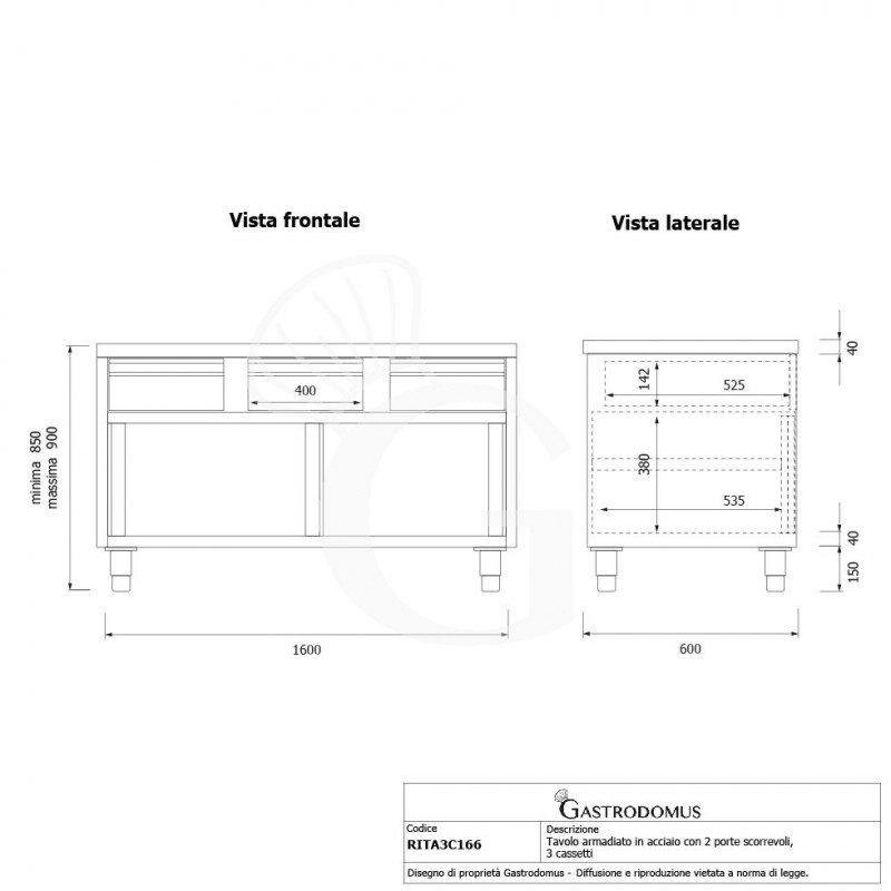Schranktisch aus Edelstahl 2 Schiebetüren 3 Schubladen B 1600 mm x T 600 mm x H 850 mm