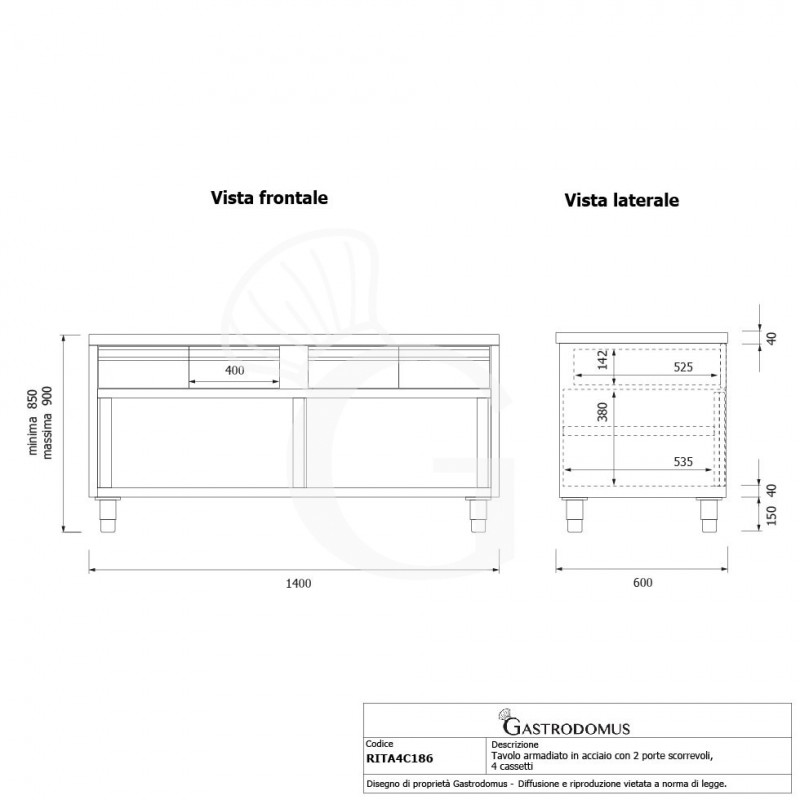 Schranktisch aus Edelstahl 2 Schiebetüren 4 Schubladen B 1800 mm x T 600 mm x H 850 mm
