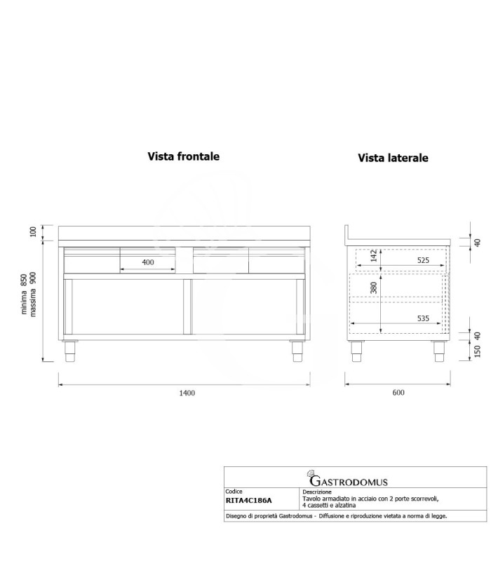Schranktisch aus Edelstahl 2 Schiebetüren 4 Schubladen Aufsatz B 1800 mm x T 600 mm x H 950 mm