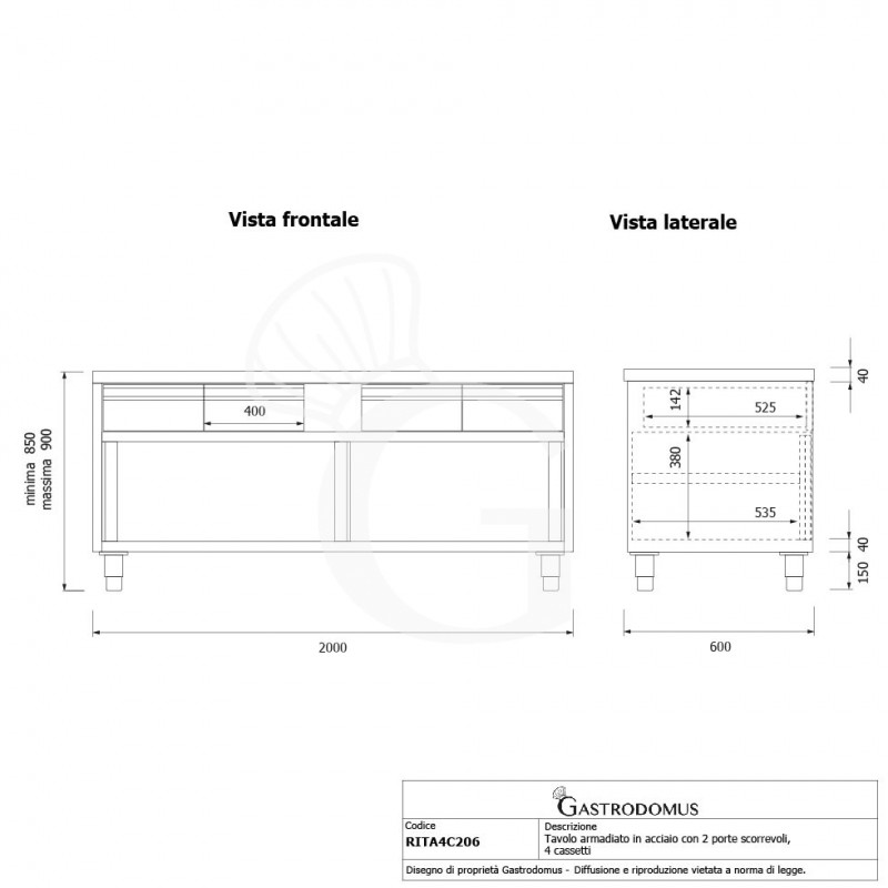 Schranktisch aus Edelstahl 2 Schiebetüren 4 Schubladen B 2000 mm x T 600 mm x H 850 mm