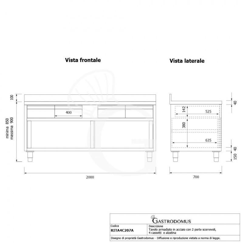 Schranktisch aus Edelstahl 2 Schiebetüren 4 Schubladen Aufsatz B 2000 mm x T 700 mm x H 950 mm