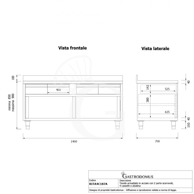 Schranktisch aus Edelstahl 2 Schiebetüren 4 Schubladen Aufsatz B 1800 mm x T 700 mm x H 950 mm