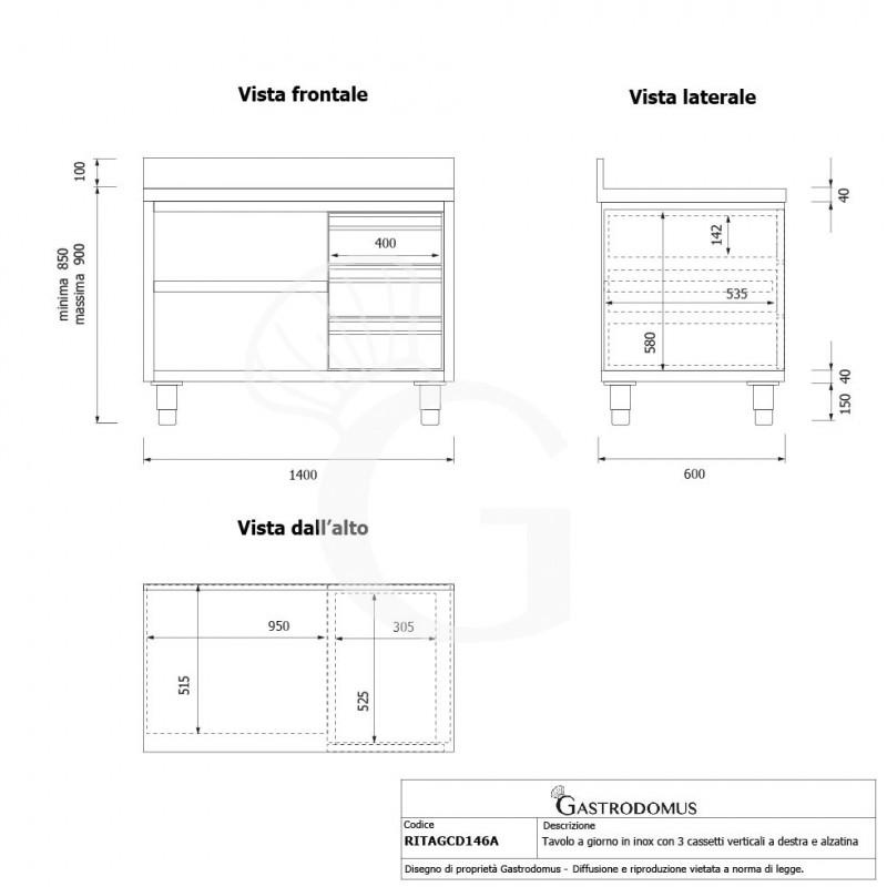 Offener Edelstahltisch mit 3 Schubladen rechts und Aufsatz B 1400 mm x T 600 mm x H 950 mm