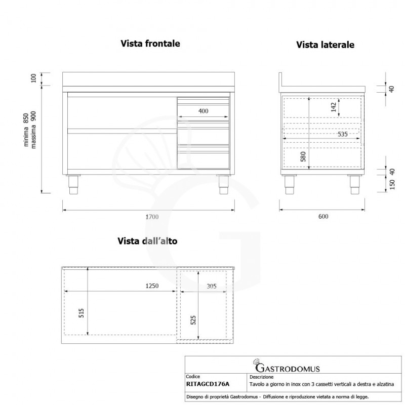 Offener Edelstahltisch mit 3 Schubladen rechts und Aufsatz B 1700 mm x T 600 mm x H 950 mm