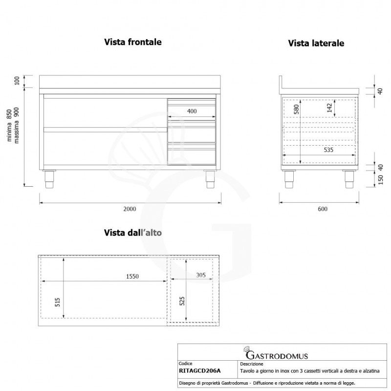 Offener Edelstahltisch mit 3 Schubladen rechts und Aufsatz B 2000 mm x T 600 mm x H 950 mm