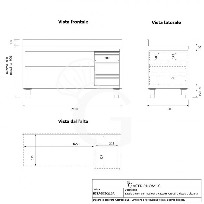 Offener Edelstahtisch mit 3 Schubladen rechts und Aufsatz B 2100 mm x T 600 mm x H 950 mm