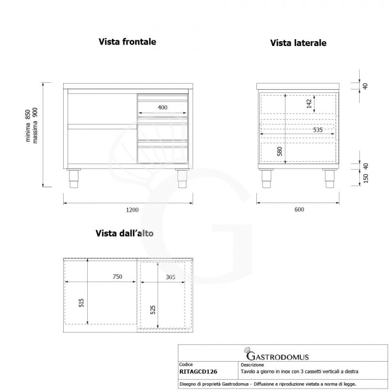 Offener Edelstahltisch mit 3 Schubladen auf der rechen Seite B 1200 mm x T 600 mm x H 850 mm