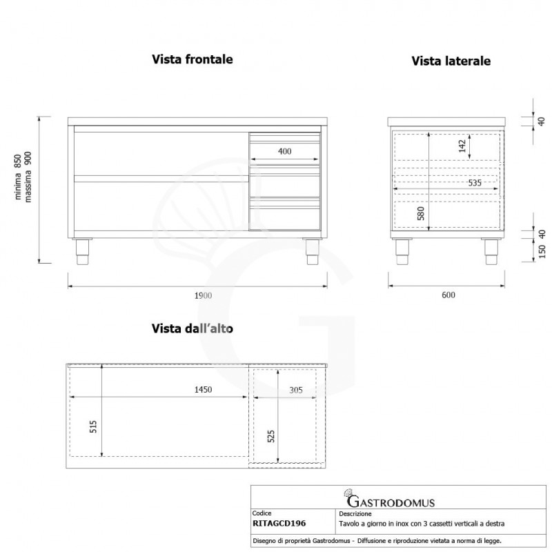 Offener Edelstahltisch mit 3 Schubladen auf der rechten Seite B 1900 mm x T 600 mm x H 850 mm