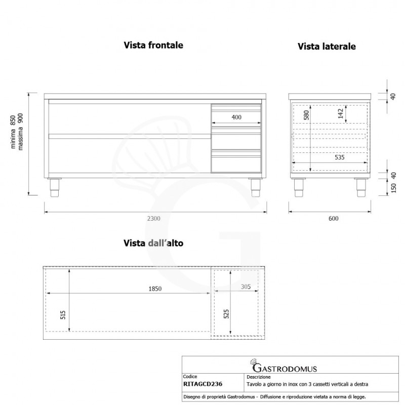 Offener Edelstahltisch mit 3 Schubladen auf der rechten Seite B 2300 mm x T 600 mm x H 850 mm