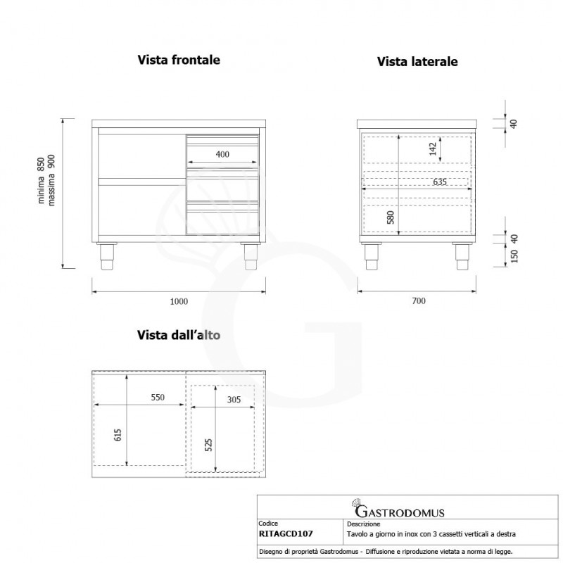 Offener Edelstahltisch mit 3 Schubladen auf der rechten Seite B 1000 mm x T 700 mm x H 850 mm