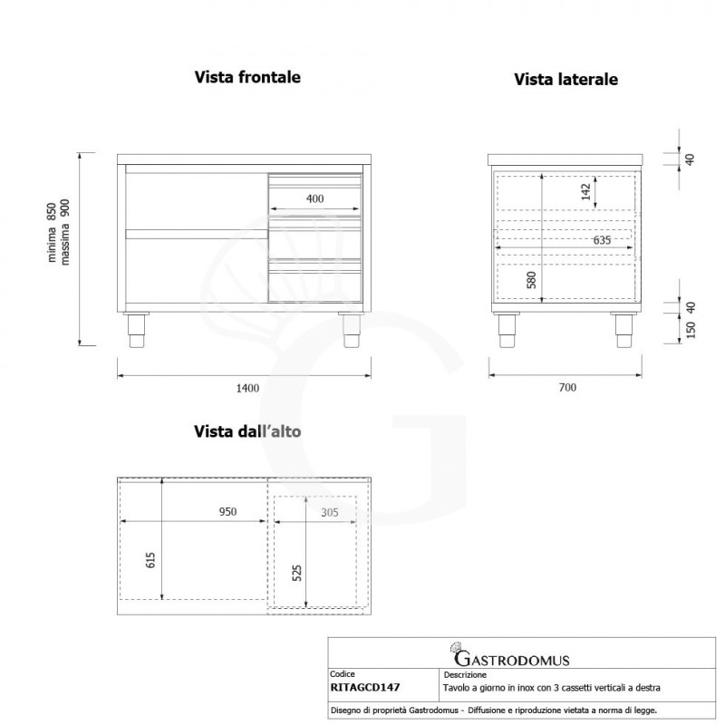 Offener Edelstahltisch mit 3 Schubladen auf der rechten Seite B 1400 mm x T 700 mm x H 850 mm