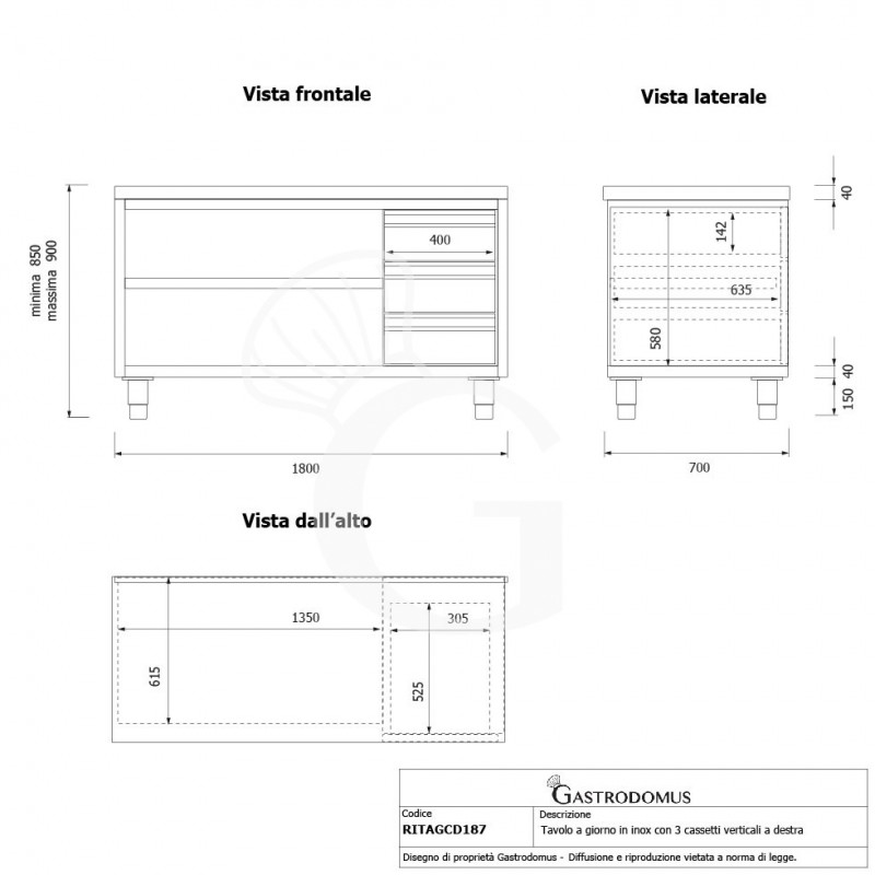 Offener Edelstahltisch mit 3 Schuladen auf der rechten Seite B 1800 mm x T 700 mm x H 850 mm