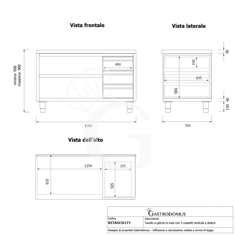 Offener Edelstahltisch mit 3 Schubladen auf der rechten Seite B 1700 mm x T 700 mm x H 850 mm