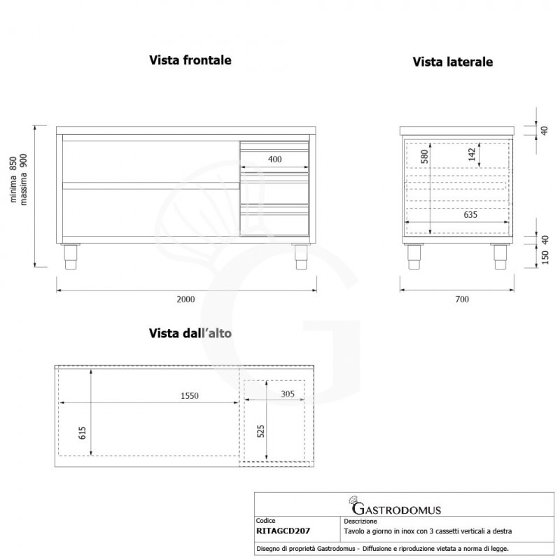 Offener Edelstahltisch mit 3 Schubladen auf der rechten Seite B 2000 mm x T 700 mm x H 850 mm