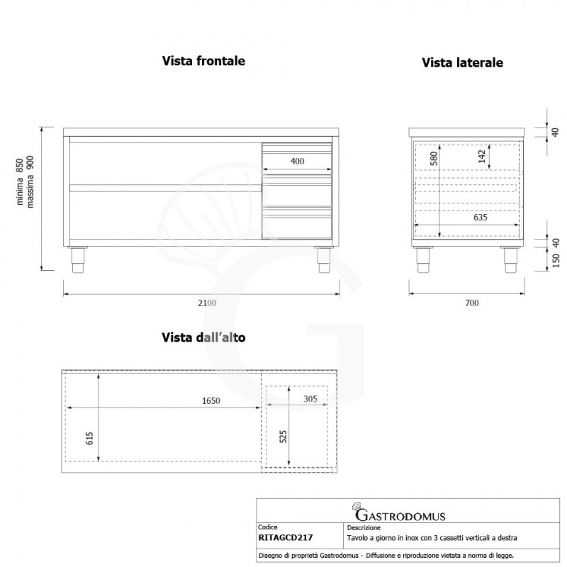 Offener Edelstahltisch mit 3 Schubladen auf der rechten Seite B 2100 mm x T 700 mm x H 850 mm