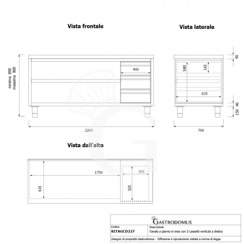 Offener Edelstahltisch mit 3 Schubladen auf der rechten Seite B 2200 mm x T 700 mm x H 850 mm