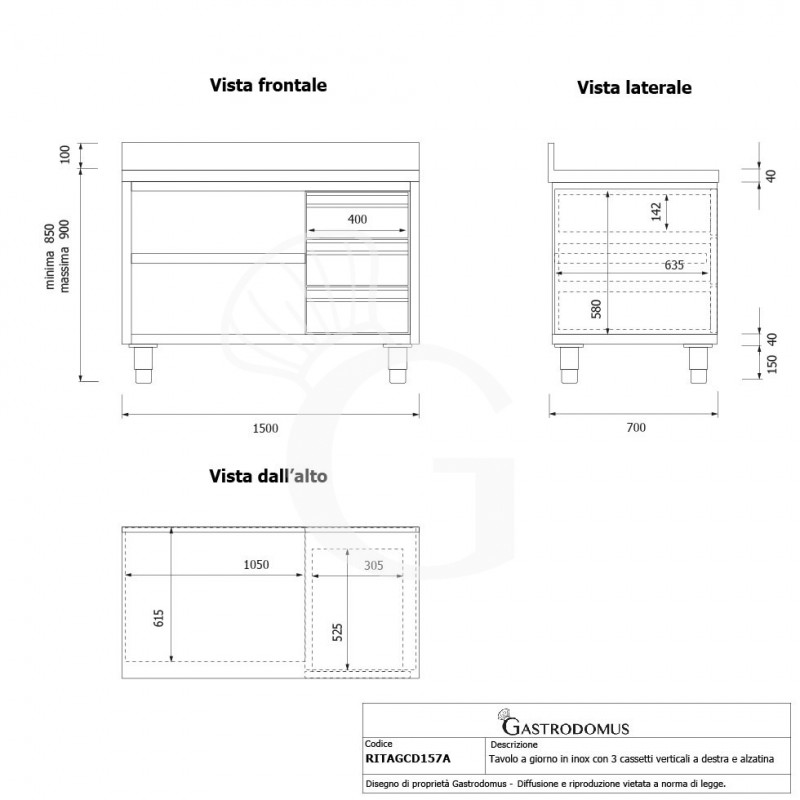 Offener Edelstahltisch mit 3 Schubladen rechts und Aufsatz B 1500 mm x T 700 mm x H 950 mm