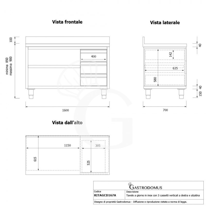 Offener Edelstahltisch mit 3 Schubladen rechts und Aufsatz B 1600 mm x T 700 mm x H 950 mm