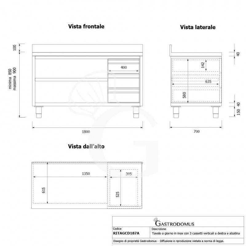 Offener Edelstahltisch mit 3 Schubladen rechts und Aufsatz B 1800 mm x T 700 mm x H 950 mm