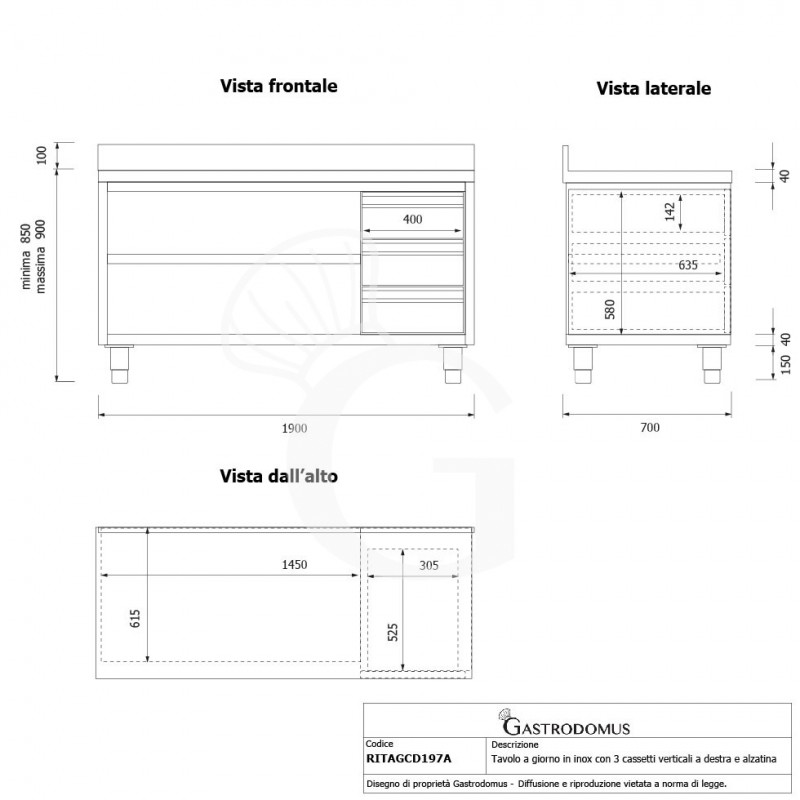 Offener Edelstahltisch mit 3 Schubladen rechts und Aufsatz B 1900 mm x T 700 mm x H 950 mm