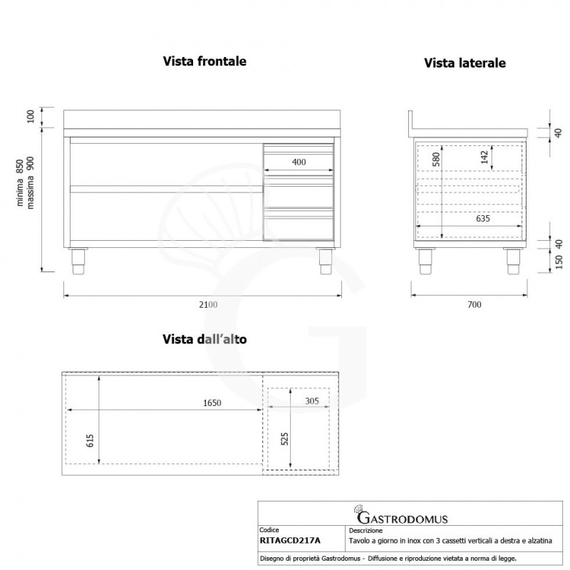 Offener Edelstahltisch mit 3 Schubladen rechts und Aufsatz B 2100 mm x T 700 mm x H 950 mm