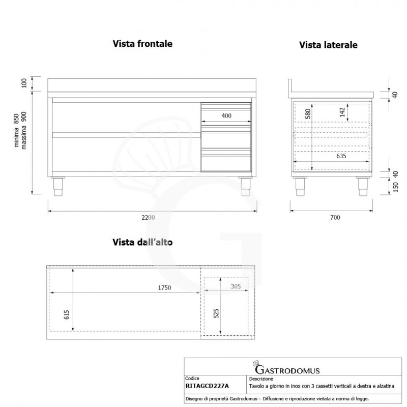 Offener Edelstahltisch mit 3 Schubladen rechts und Aufsatz B 2200 mm x T 700 mm x H 950 mm