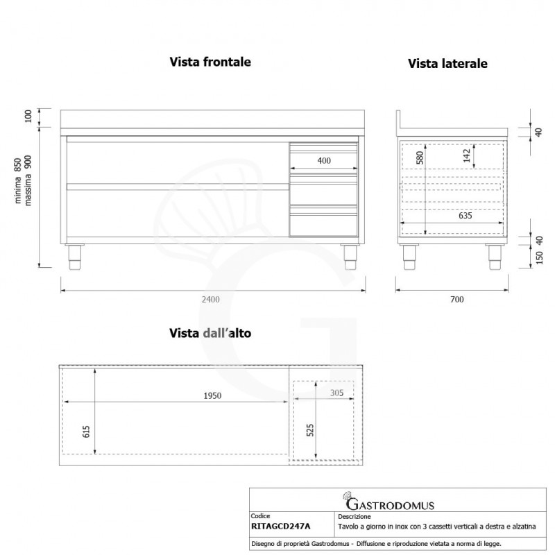 Offener Edelstahltisch mit 3 Schubladen rechts und Aufsatz B 2400 mm x T 700 mm x H 950 mm