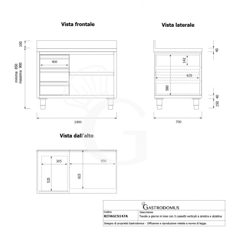 Offener Edelstahltisch mit 3 Schubladen links und Aufsatz B 1400 mm x T 700 mm x H 950 mm