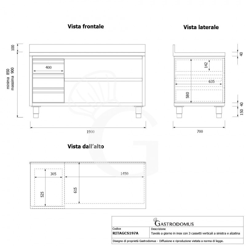 Offener Edelstahltisch mit 3 Schubladen links und Aufsatz B 1900 mm x T 700 mm x H 950 mm