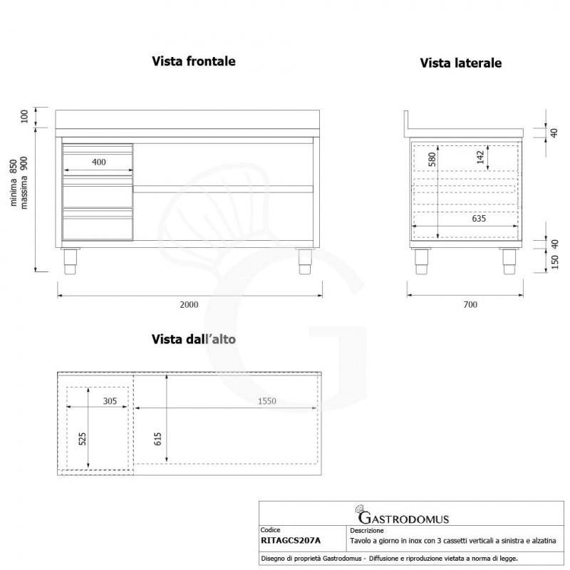 Offener Edelstahltisch mit 3 Schubladen links und Aufsatz B 2000 mm x T 700 mm x H 950 mm